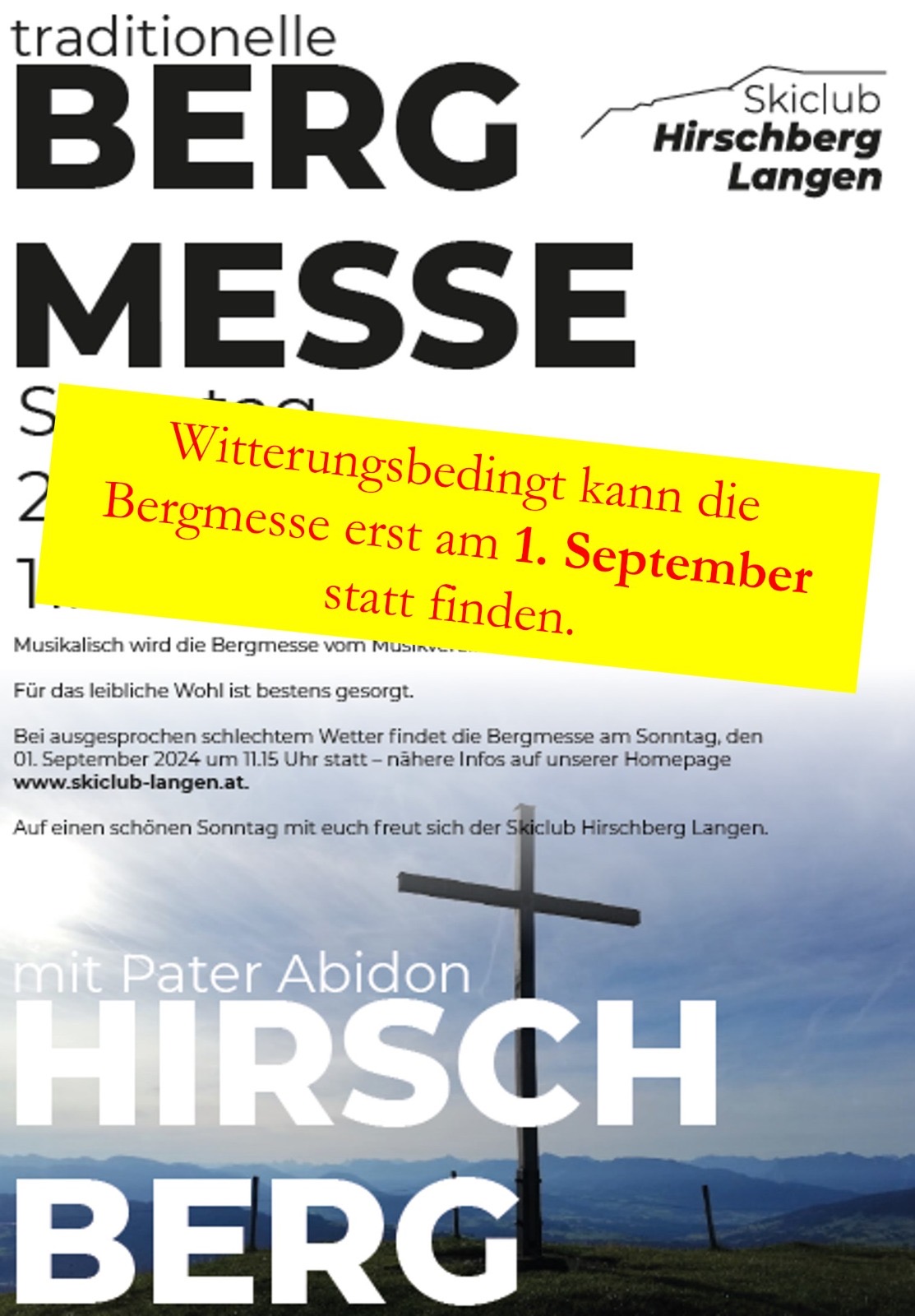 Update: Bergmesse 2024 auf Sonntag den 01. September verschoben
